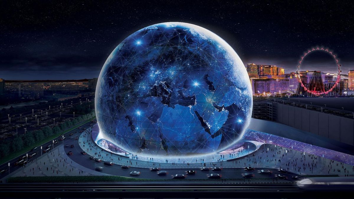 Concept image of the MSG sphere with the London Eye in the background